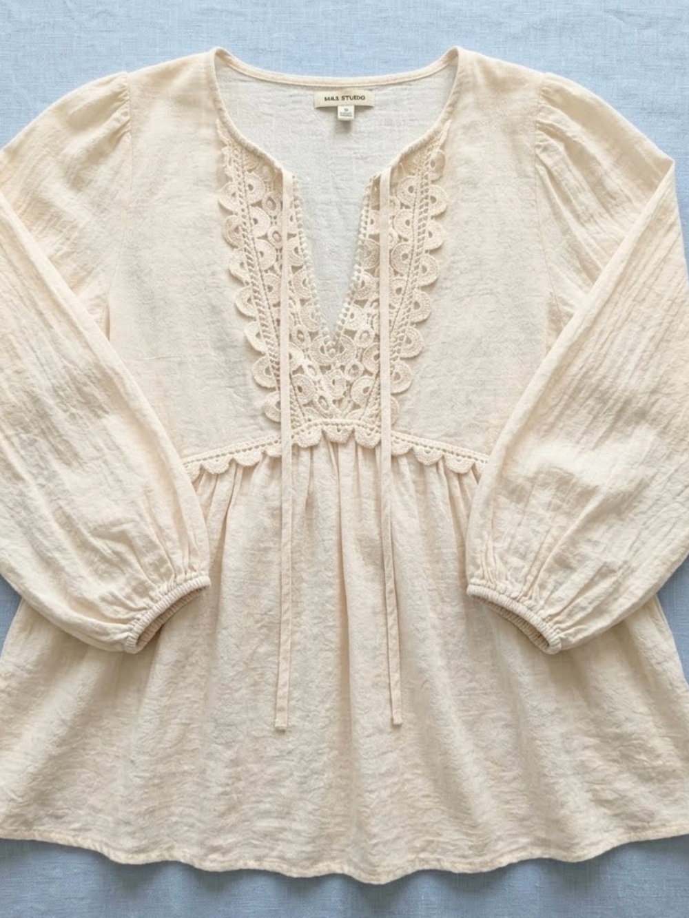 Max Studio Cream Boho Crochet Lace-Trim Peasant Blouse - Women's Top Size Small - Picture 1 of 11